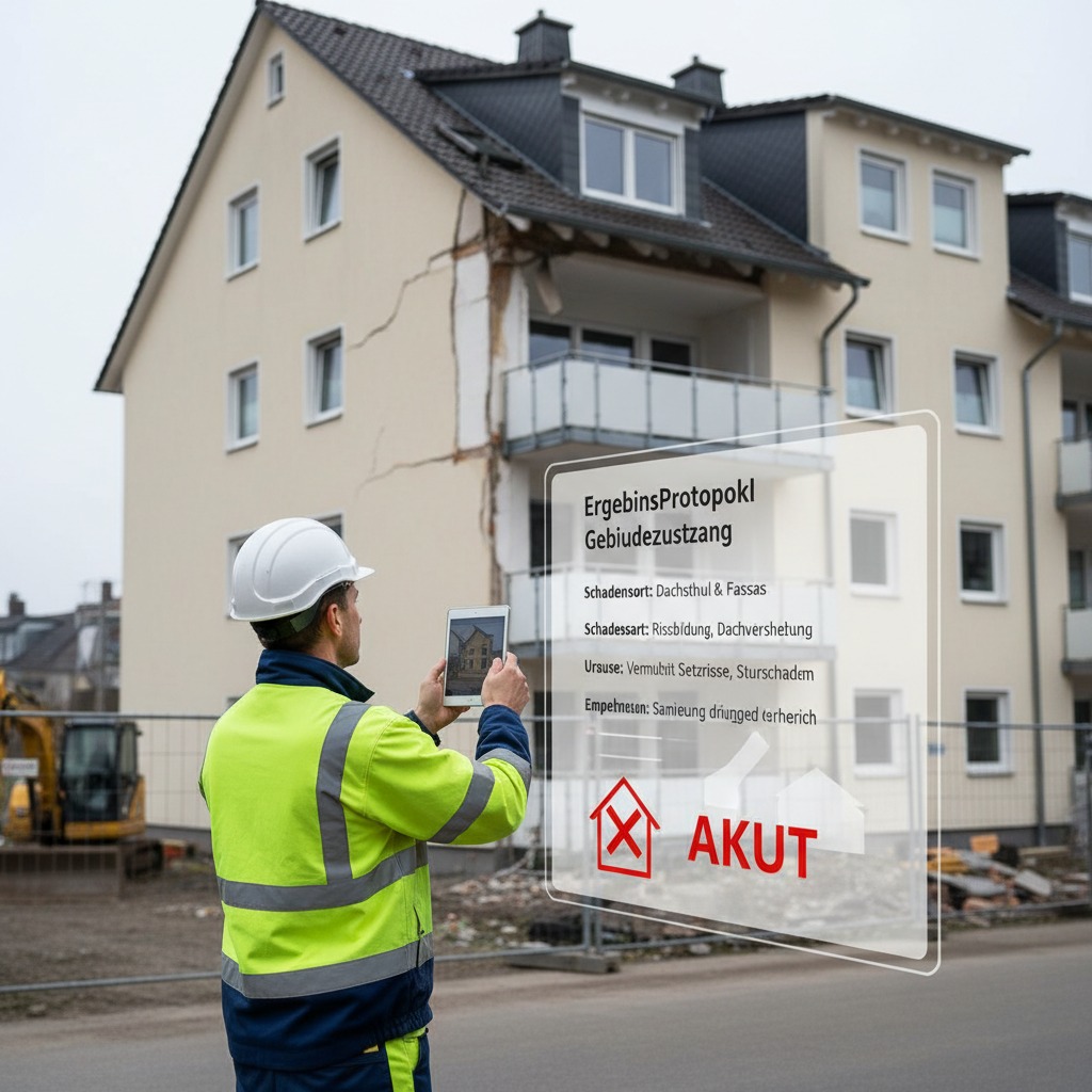 Ein Bauarbeiter in Warnweste und Schutzhelm steht vor einem beschädigten Wohngebäude und hält ein Tablet, auf dem ein digitales Schadensprotokoll mit der Aufschrift AKUT angezeigt wird.