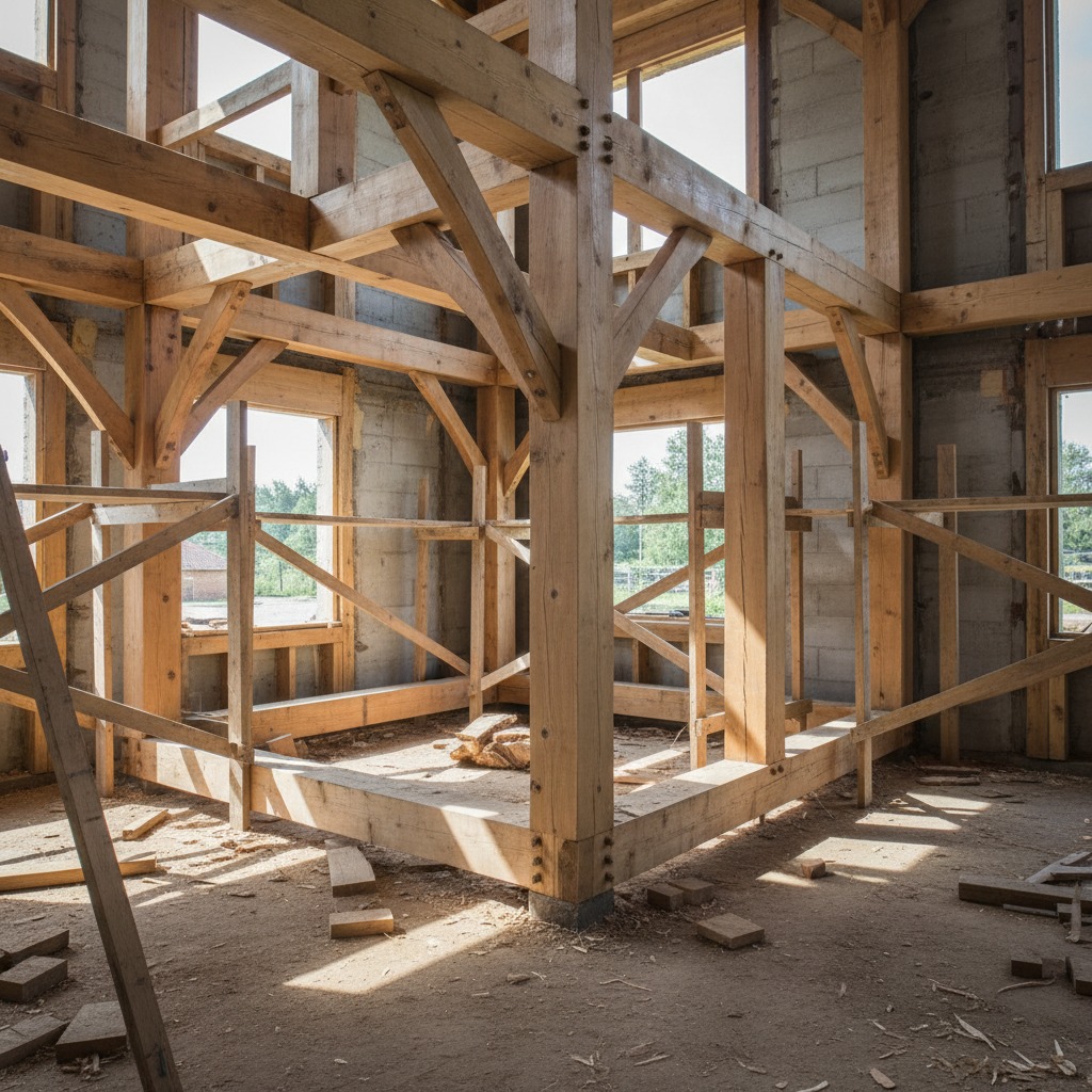 Massives Holzskelett eines Rohbaus mit sichtbaren Deckenbalken und Stützen im Innenraum.