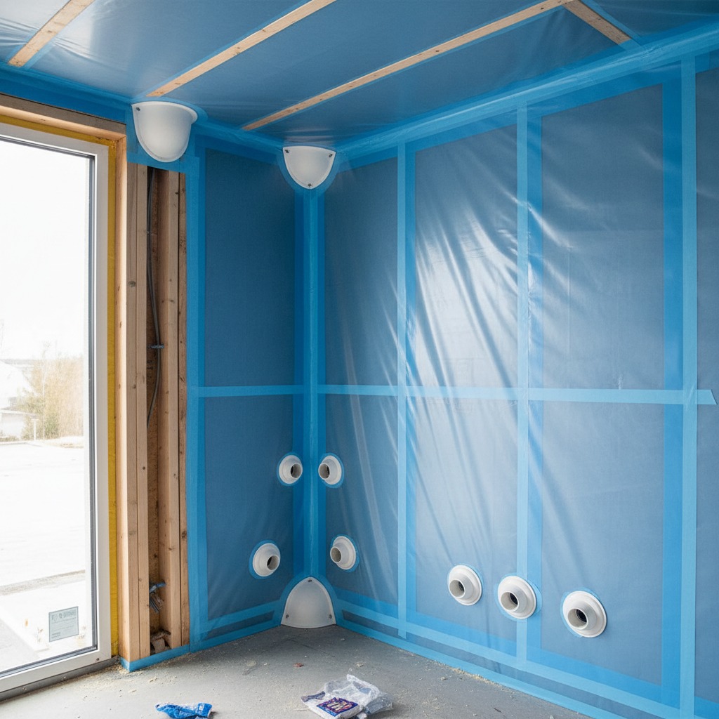 Innenansicht eines Raumes im Rohbau mit blauer Dampfsperrfolie an Wänden und Decke sowie installierten Lüftungsdüsen.