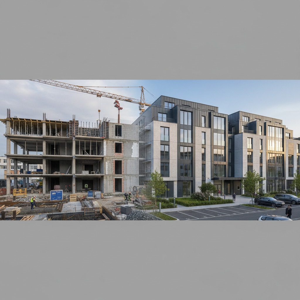 Eine Gegenüberstellung zeigt links ein Gebäude im Rohbau mit Baustelle und rechts das fertiggestellte, moderne Wohngebäude mit grauem Fassadendesign.